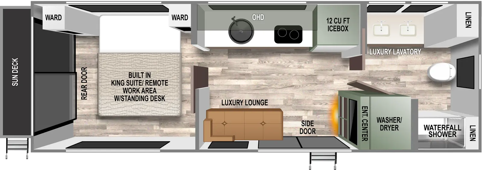 The RVS1 has zero slideouts and two entries. Interior layout front to back: full bathroom with linen closets, luxury lavatory with two sinks, waterfall shower, and washer/dryer; off-door side icebox, kitchen counter with cooktop, sink, and overhead cabinets; door side entertainment center, side door entry, and luxury lounge; rear bedroom with off-door side side-facing built-in king suite/remote work area with standing desk, wardrobes on each side, and rear door that leads to a sun deck with steps.